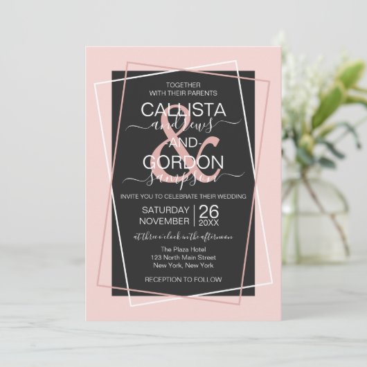 Schwarz-weiß Blush Pink Titled Geo Border Wedding Einladung (Stehend Vorderseite)