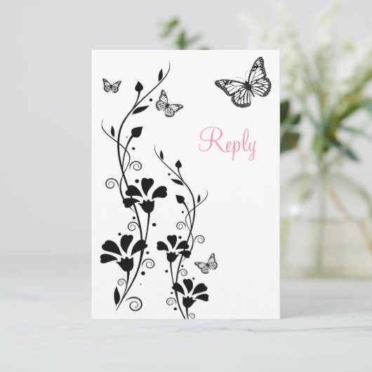 Schwarz-Weiß-Blüte mit Schmetterlingskarte Einladung (Stehend Vorderseite)