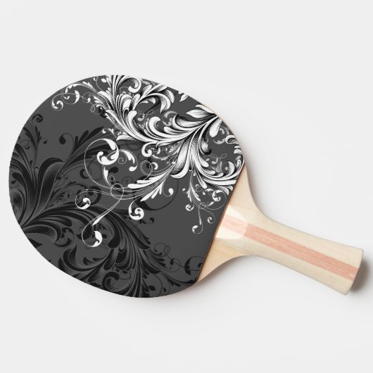 Schwarz-Weiß-Blüten-Blüh Tischtennis Schläger (Rückseite Seitenansicht)