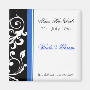Schwarz-Weiß-Blüten Save the Date blau Magnet