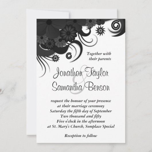 Schwarz-Weiß-Blütenblätter 5 Zoll x 7 Zoll Einladu Einladung (Vorderseite)