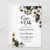 Schwarz-Weiß-Blütenhochzeit retten das Datum Einladung (Vorderseite)