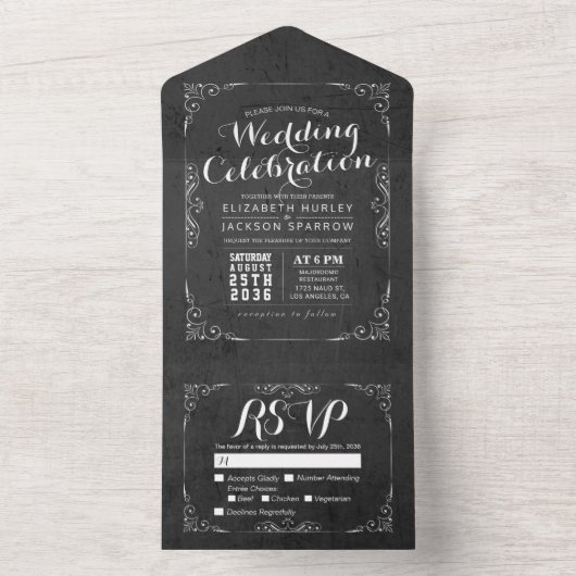 Schwarz-Weiß-Blütenrahmen-Hochzeit RSVP All In One Einladung (Innen Boden)