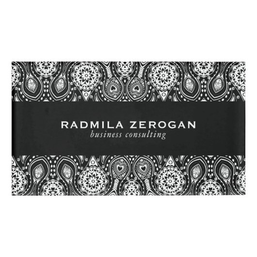 Schwarz-Weiß-Blütenrahmen Namenschild (Vorderseite)