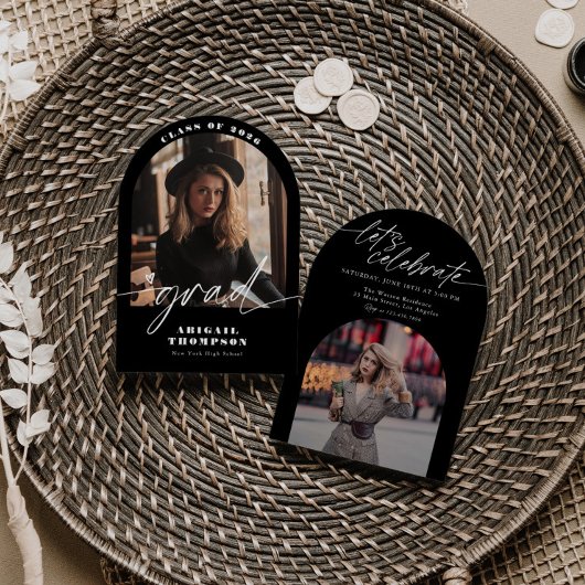 Schwarz-Weiß-Bogen-Foto-Script-Abschluss Einladung