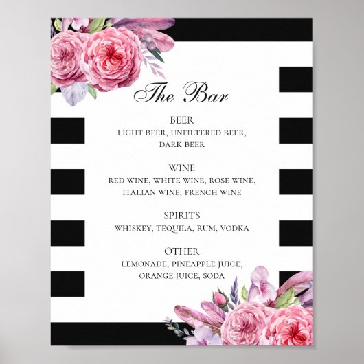 Schwarz-Weiß-Boho Blume & Federn Hochzeit-Bar Poster (Vorne)