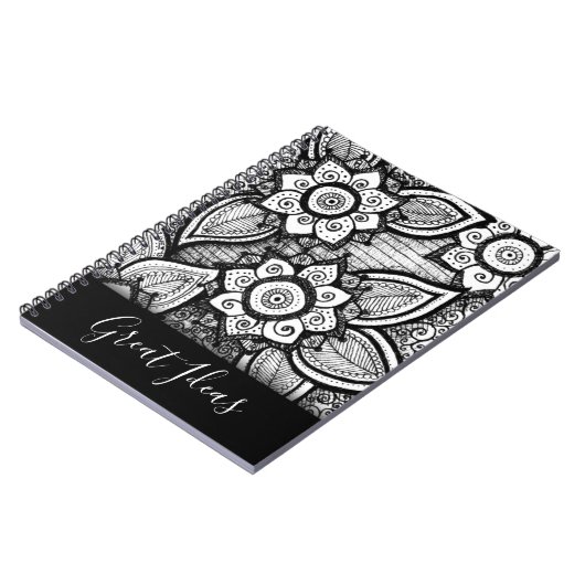 Schwarz-Weiß-Boho Chic Mandala Blumenmuster Notizblock (Linke Seite)