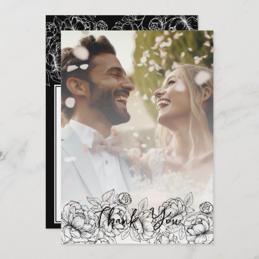 Schwarz-weiß Boho Moderne florale Elegantes Foto Dankeskarte (Vorne/Hinten)