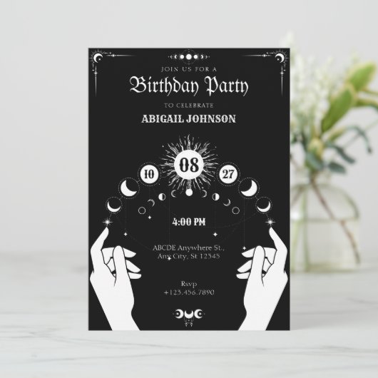 Schwarz-Weiß-Boho Moon-Geburtstag Einladung (Stehend Vorderseite)