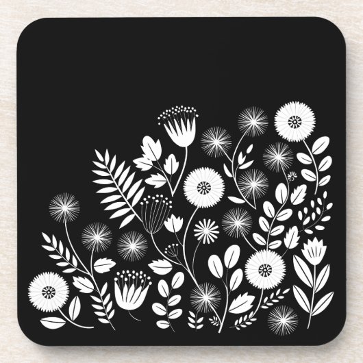 Schwarz-Weiß-Boho-Wildblume Getränkeuntersetzer (Vorderseite)