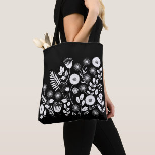 Schwarz-Weiß-Boho-Wildblume Tasche