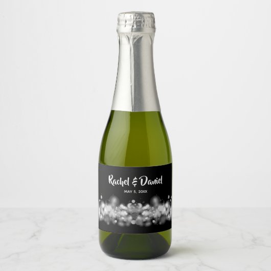 Schwarz & Weiß Bokeh Blurred Lights Mini Schaumweinetikett (Vorderseite)