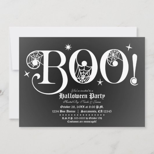 Schwarz & Weiß BOO Elegantes Halloween-Party Einladung (Vorderseite)