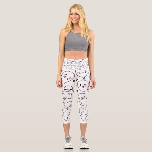 Schwarz & Weiß "Boo!" Niedliches Halloween-Party Capri Leggings (Vorderseite)