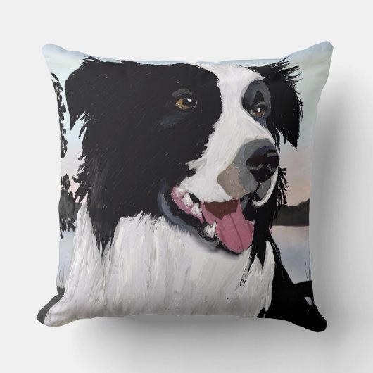 Schwarz-Weiß-Border-Collie bei Sonnenaufgang durch Kissen (Vorderseite)