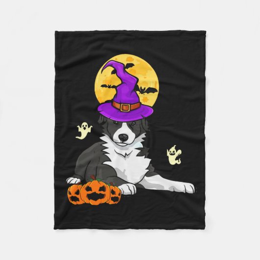 Schwarz-Weiß Border Collie Hexe Halloween Fleecedecke (Vorderseite)