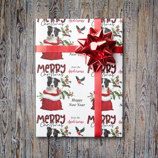 Schwarz-weiß Border Collie Welppy Weihnachtsgesche Geschenkpapier