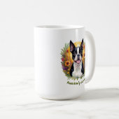 Schwarz-Weiß Boston Terrier auf einem Blumenfeld Kaffeetasse (VorderseiteRechts)