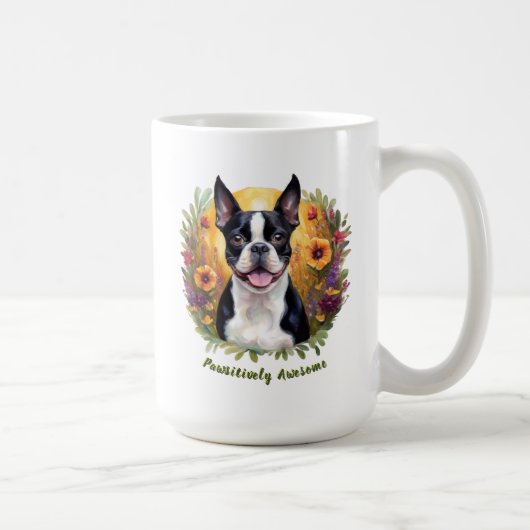 Schwarz-Weiß Boston Terrier auf einem Blumenfeld Kaffeetasse (Rechts)