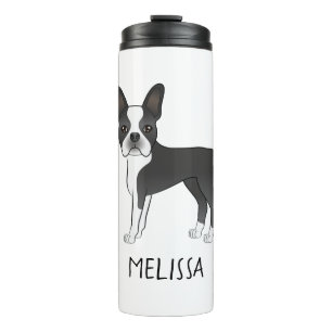 Schwarz-Weiß-Boston-Terrier-Cartoon-Hund & Name Thermosbecher