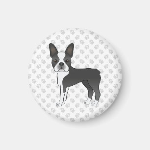 Schwarz-Weiß-Boston-Terrier-Cartoon-Hund & Pfoten Magnet