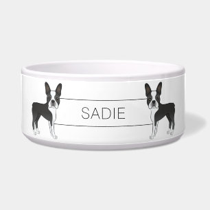 Schwarz-Weiß-Boston-Terrier-Cartoon-Hunde & Name Napf