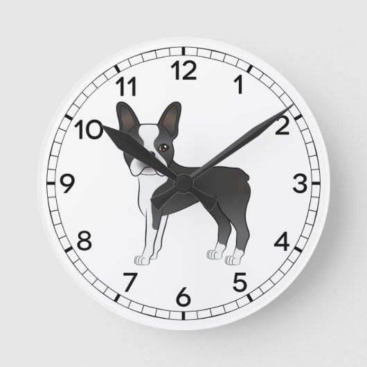 Schwarz-Weiß Boston Terrier Hunde Illustration Runde Wanduhr (Vorderseite)