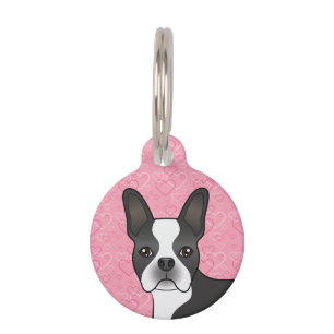 Schwarz-Weiß Boston Terrier Kopf auf rosa Herzen Haustiermarke