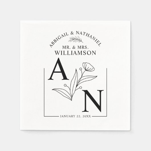 Schwarz-Weiß-Botanische Blumenhochzeit Serviette (Vorderseite)