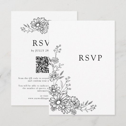 Schwarz-weiß Botanische Daisy QR-Code-Hochzeit RSVP Karte (Vorne/Hinten)