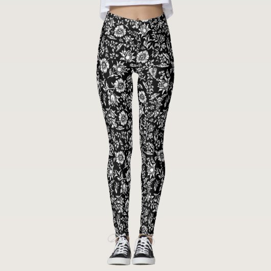 Schwarz-Weiß-botanischer Hintergrund Leggings (Vorderseite)