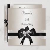 Schwarz-weiß Bow 21. Geburtstag Silver Sepia Einladung (Vorne/Hinten)