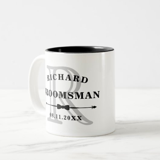 Schwarz-weiß Bow Krawatte Monogramm Trauzeuge Hoch Zweifarbige Tasse (Vorderseite Links)
