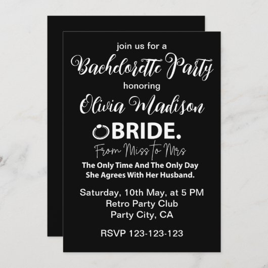 Schwarz-Weiß-Braut als Junggeselinnen-Abschied Einladung (Vorne/Hinten)