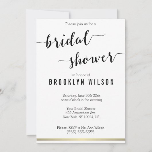 Schwarz-Weiß-Brautparty lädt goldene Linien ein Einladung (Vorderseite)