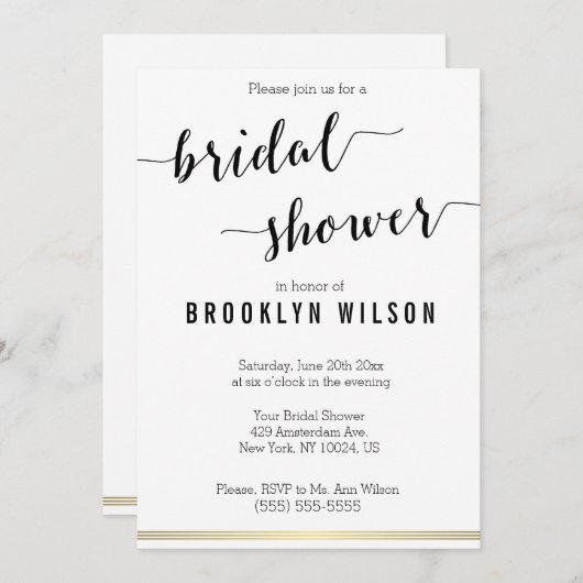 Schwarz-Weiß-Brautparty lädt goldene Linien ein Einladung (Vorne/Hinten)