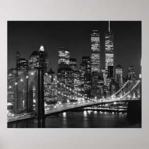Schwarz Weiß Brooklyn Bridge New York Nacht Poster