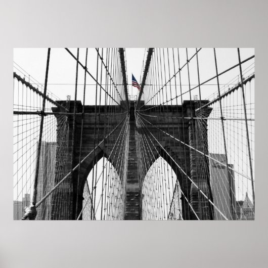 Schwarz-Weiß-Brooklyn-Brücke mit farbigem Flag Poster (Vorne)