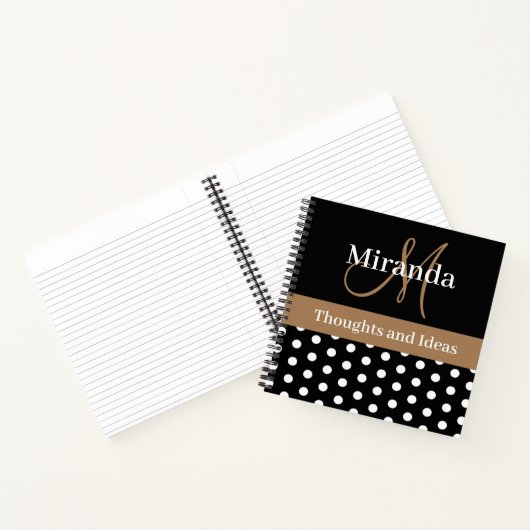 Schwarz-weiß Brown Monogram Script Polka Dots Notizblock (Innenseite)