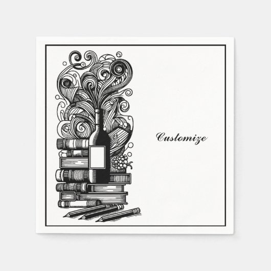 Schwarz-Weiß-Bücher und Wein Serviette (Vorderseite)