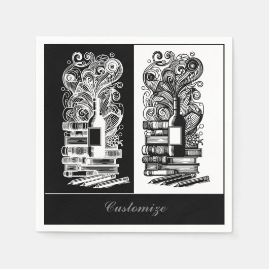 Schwarz-Weiß-Bücher und Wein Serviette (Vorderseite)