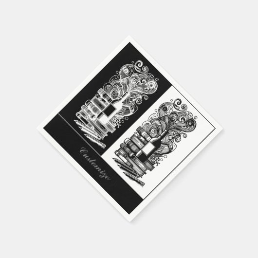 Schwarz-Weiß-Bücher und Wein Serviette (Ecke)