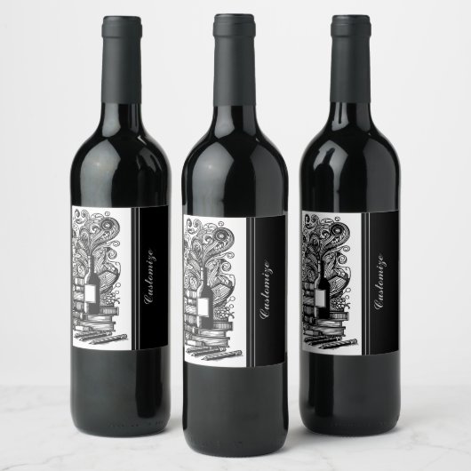 Schwarz-Weiß-Bücher und Wein Weinetikett (Flaschen)