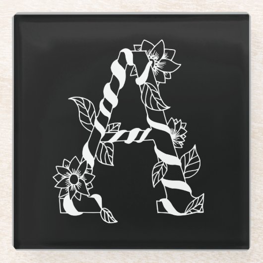 Schwarz-Weiß-Buchstabe "A" mit Twining-Blume Glasuntersetzer (Vorderseite)