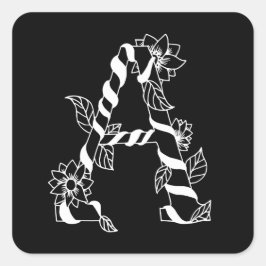 Schwarz-Weiß-Buchstabe "A" mit Twining-Blume Quadratischer Aufkleber