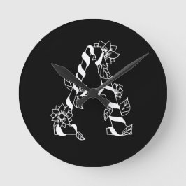 Schwarz-Weiß-Buchstabe "A" mit Twining-Blume Runde Wanduhr