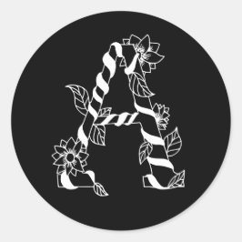 Schwarz-Weiß-Buchstabe "A" mit Twining-Blume Runder Aufkleber