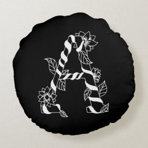 Schwarz-Weiß-Buchstabe "A" mit Twining-Blume Rundes Kissen