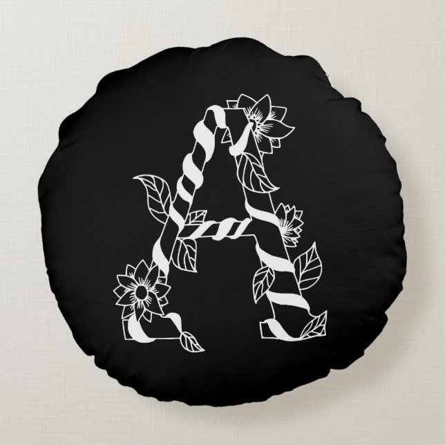 Schwarz-Weiß-Buchstabe "A" mit Twining-Blume Rundes Kissen (Rückseite)