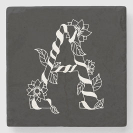 Schwarz-Weiß-Buchstabe "A" mit Twining-Blume Steinuntersetzer